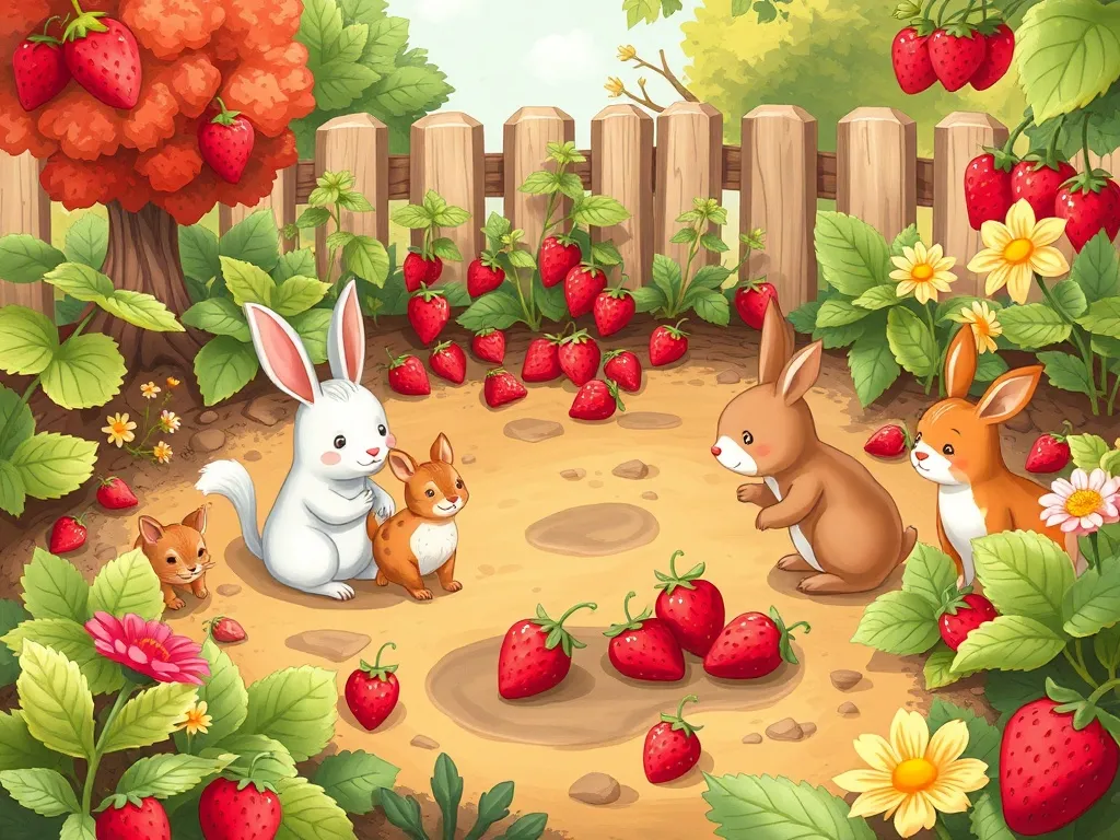 Freddie Fox's Garden Adventure - Garden animals gathering around empty strawberry patch