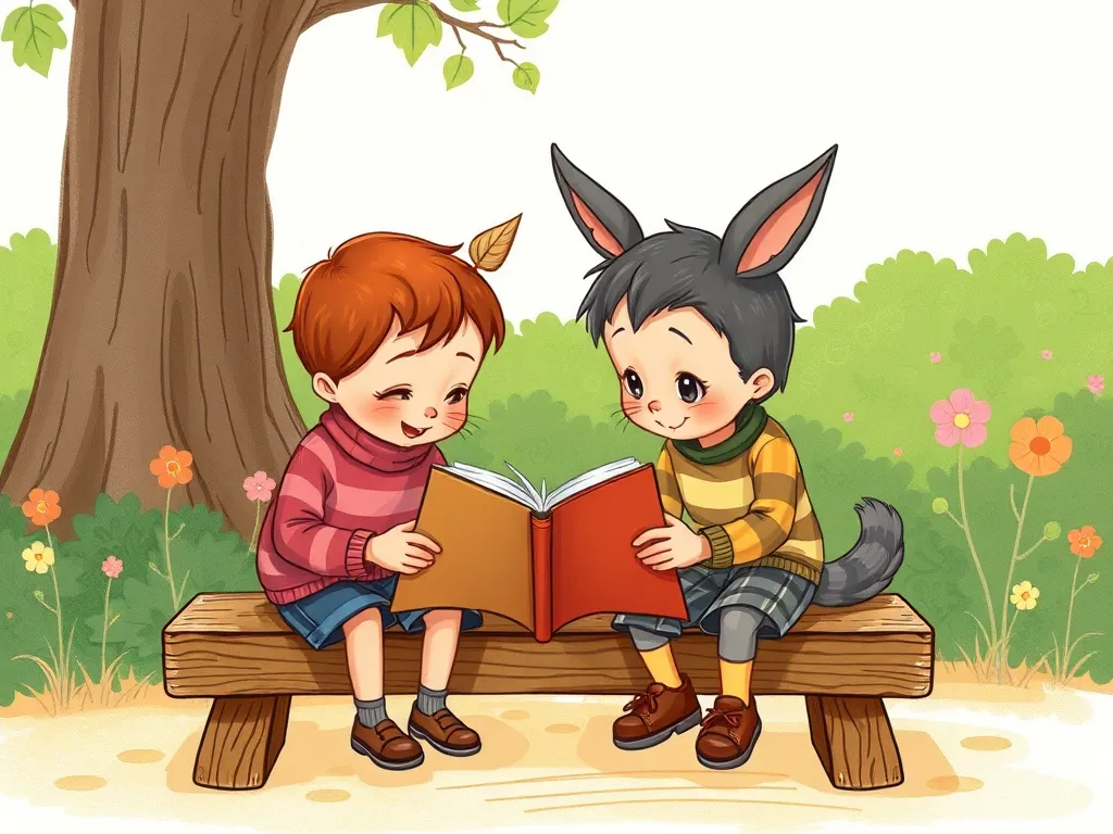 Hop Along With Me: A Bridge to Friendship - Nutkin and Rory sharing the bench, heads bent over sketchbook together