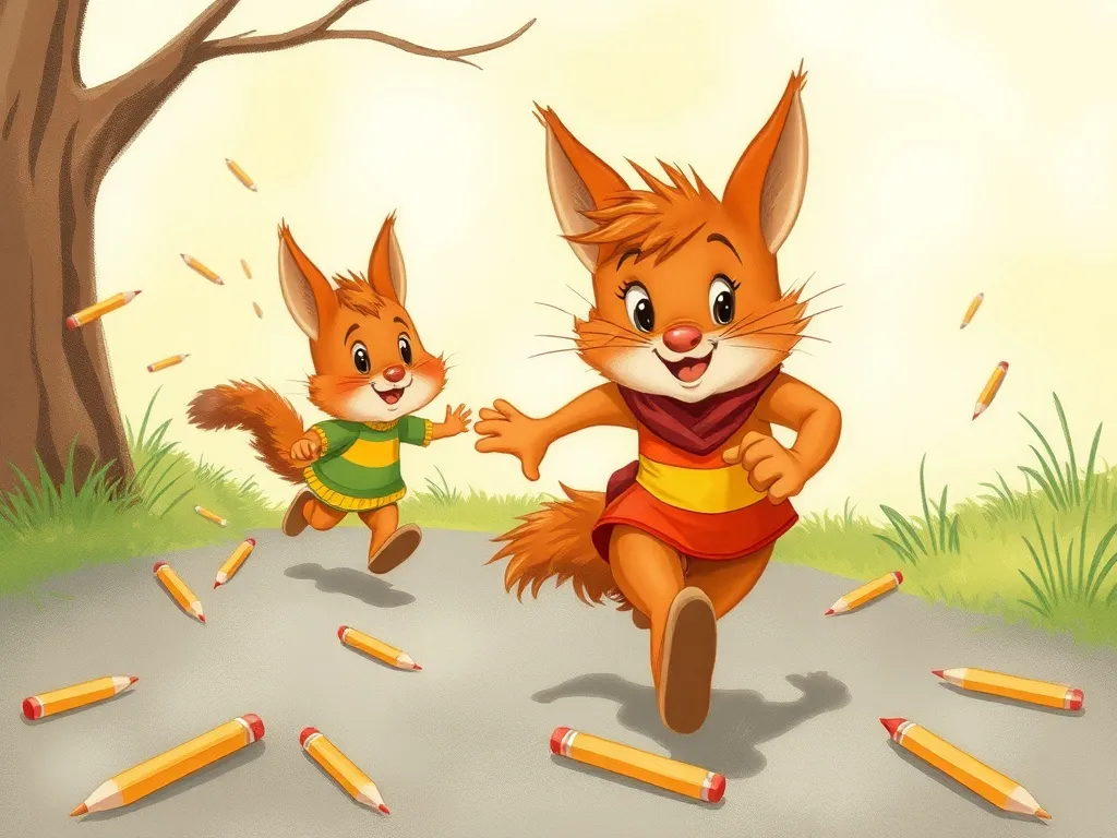 Hop Along With Me: A Bridge to Friendship - Rory rushing away while Nutkin watches, dropped pencils scattered