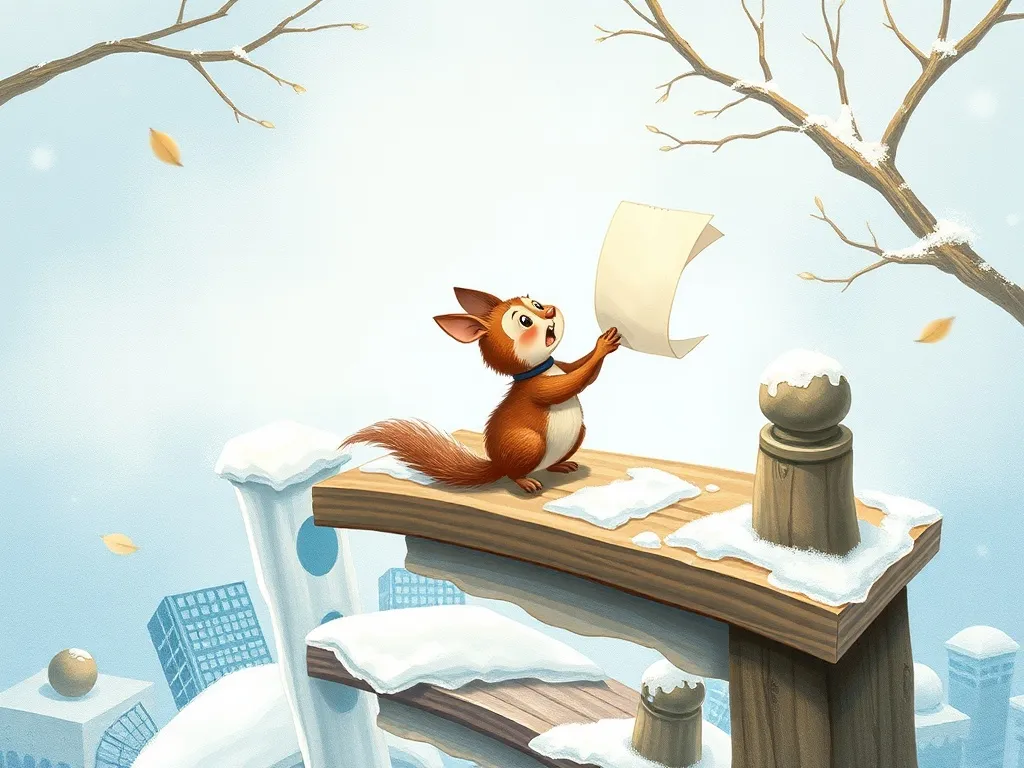 Hop Along With Me: A Bridge to Friendship - Nutkin pausing on swaying bridge while paper floats away, his tail puffed up in worry