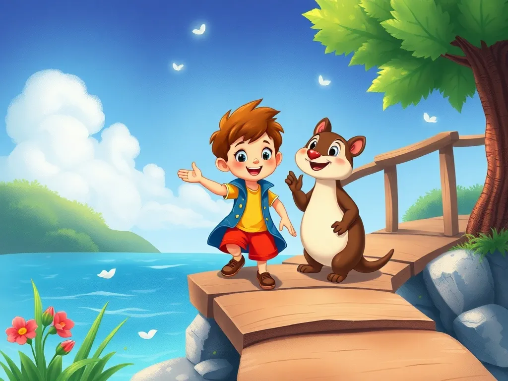 Hop Along With Me: A Bridge to Friendship - Rory taking first tentative step onto bridge while Nutkin offers encouraging smile