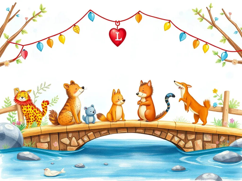 Hop Along With Me: A Bridge to Friendship - Bridge decorated with artwork, various animals drawing together happily