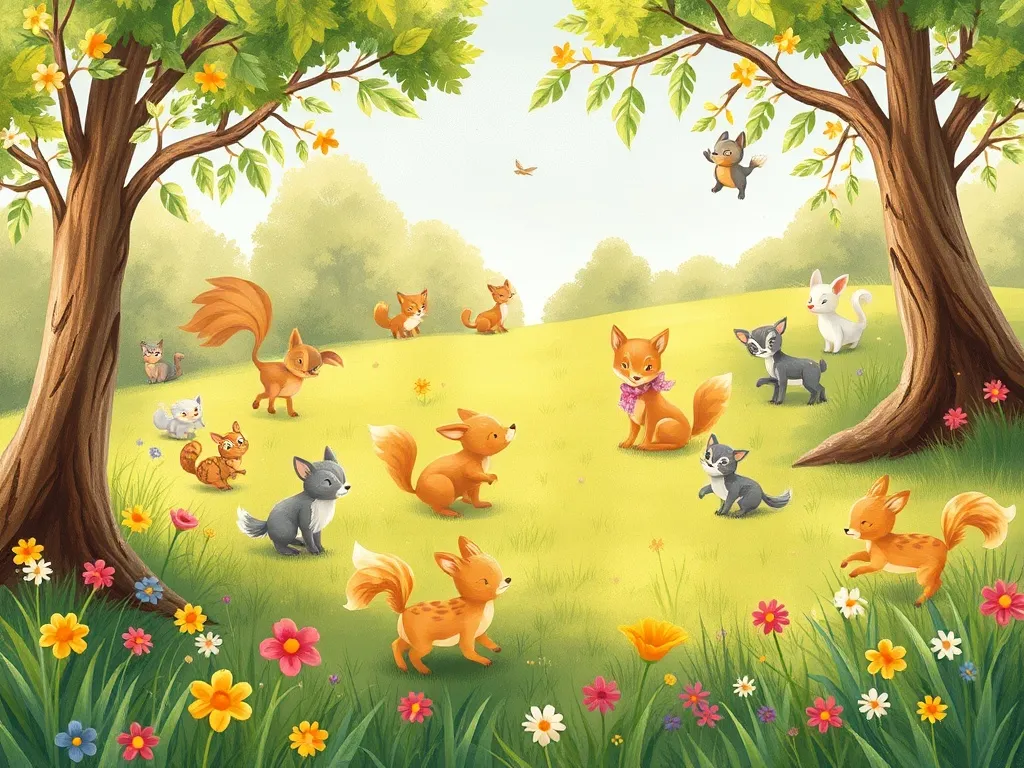 Hopscotch and Dewdrop: The Twin Rabbits' Garden Adventure - Meadow scene with diverse woodland creatures playing
