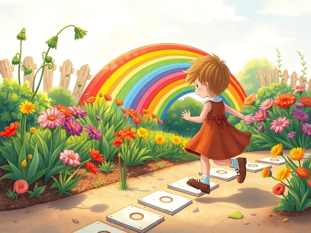 Hopscotch and Dewdrop: The Twin Rabbits' Garden Adventure - Hopscotch nervously viewing wilted Rainbow Garden