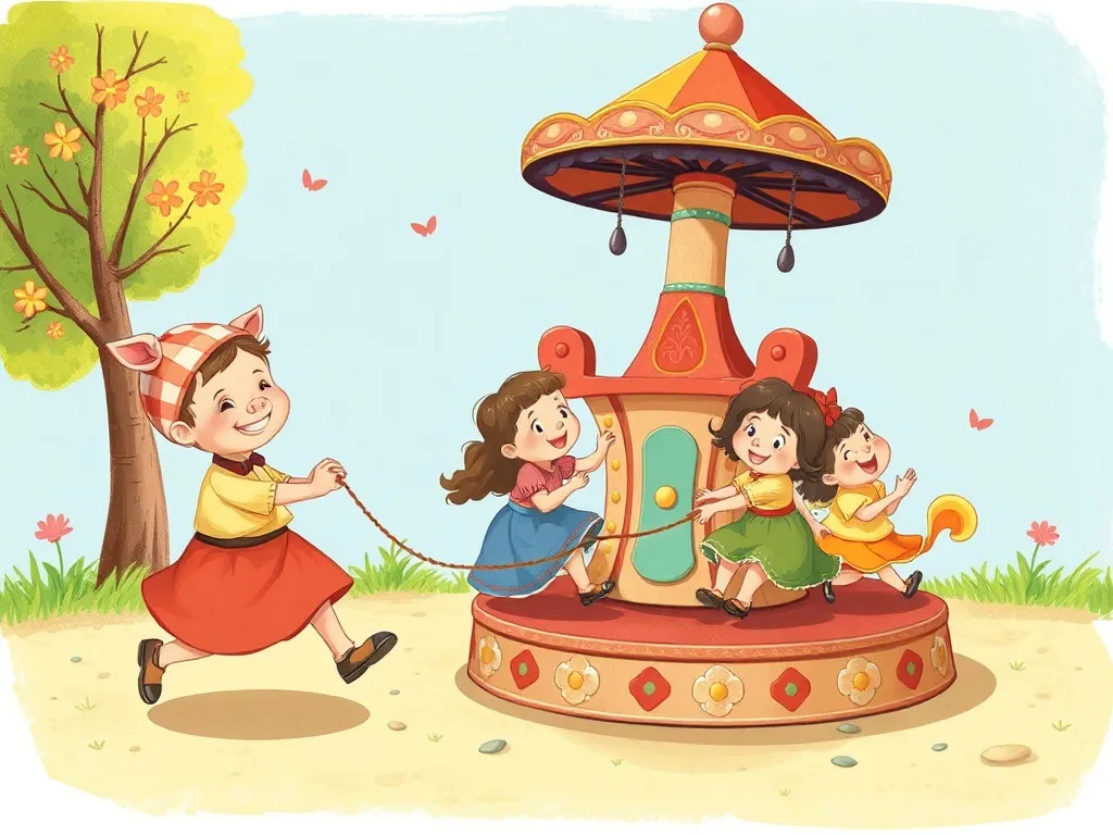Hopscotch Hearts: A Playground Tale - Pip pushing merry-go-round with children