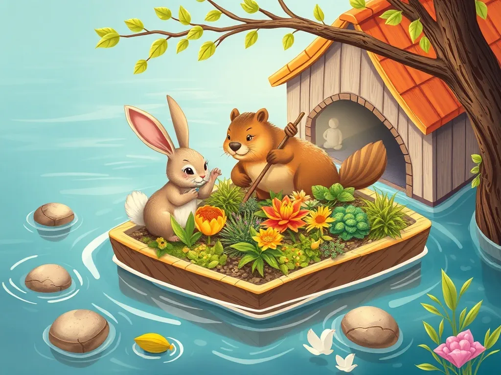 Hopscotch's Heart: A Tale of Three Friendships - Rabbit and beaver building floating garden