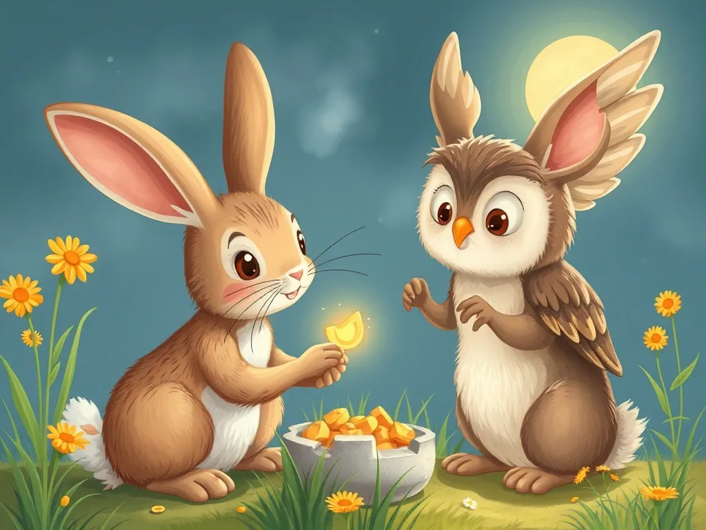 Hopscotch's Heart: A Tale of Three Friendships - Rabbit and owl discovering daytime treasures