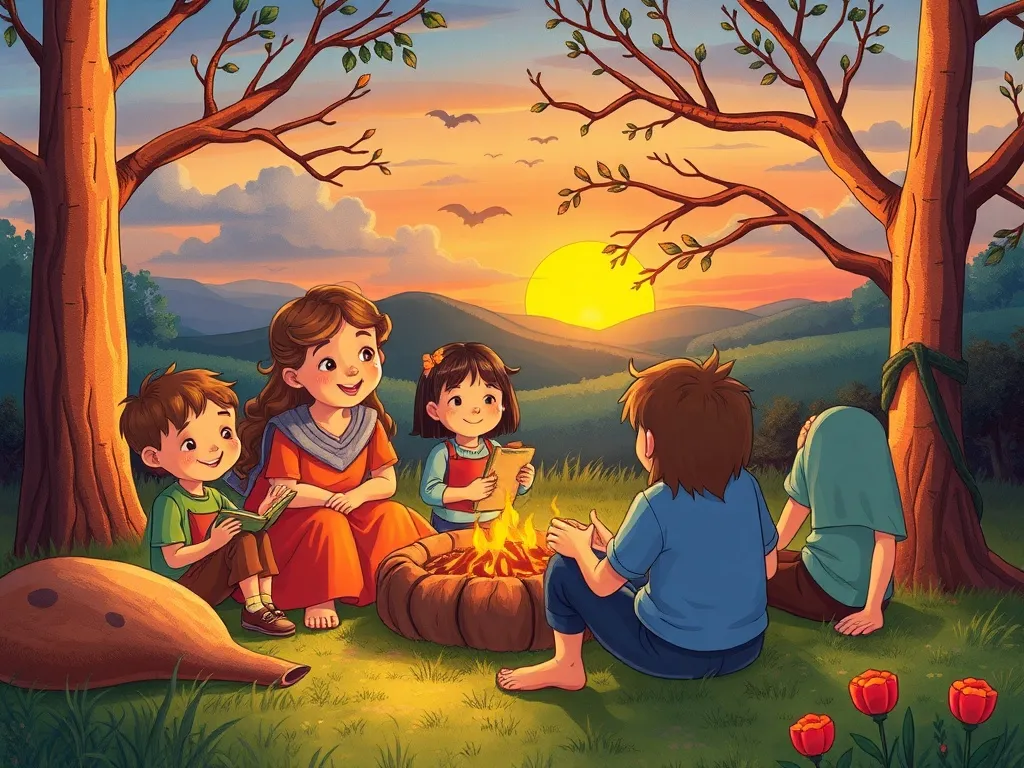 Hopscotch's Heart: A Tale of Three Friendships - All friends gathered at sunset story circle