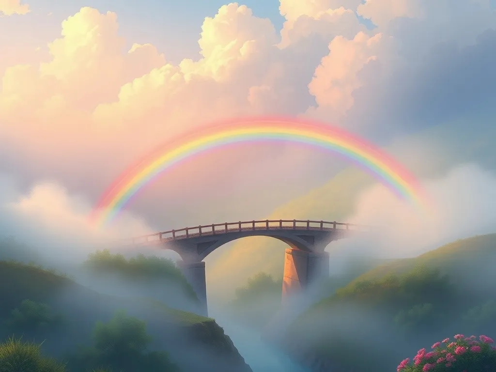 Jake and the Rainbow Bridge of Questions - Magnificent rainbow bridge glowing through morning mist