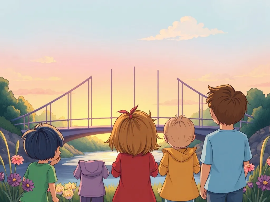 Jake and the Rainbow Bridge of Questions - Children watching bridge colors fade to pastels