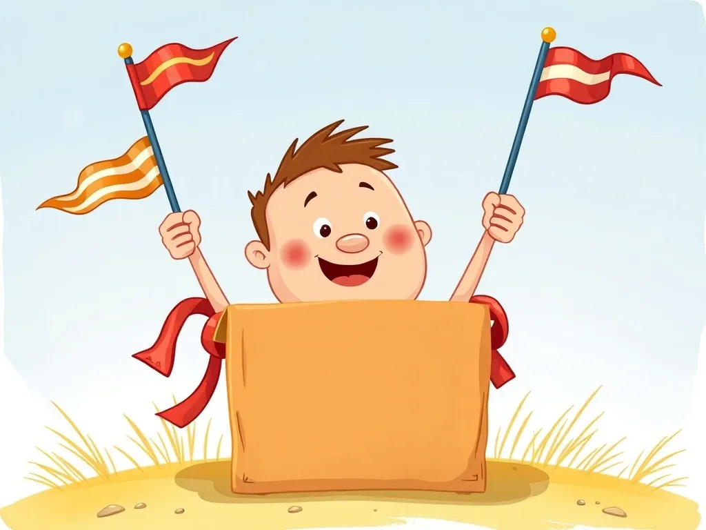 Jake and the Rainbow Bridge of Questions - Jake's empty question box and waving flags