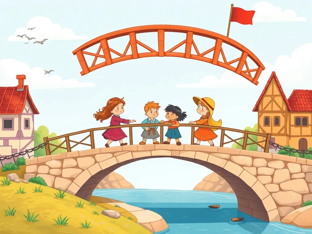 Jake and the Rainbow Bridge of Questions - Children from both lands playing together on bridge