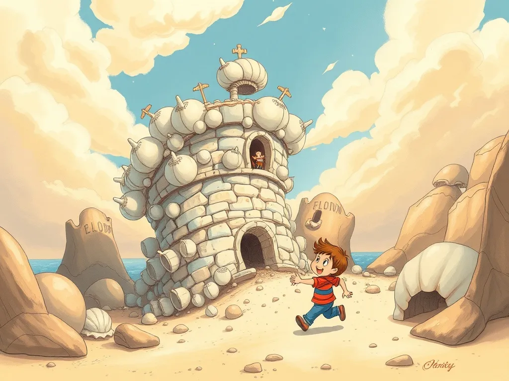 Jake and the Whisper of Waves - Shell tower collapsing with small boy running away