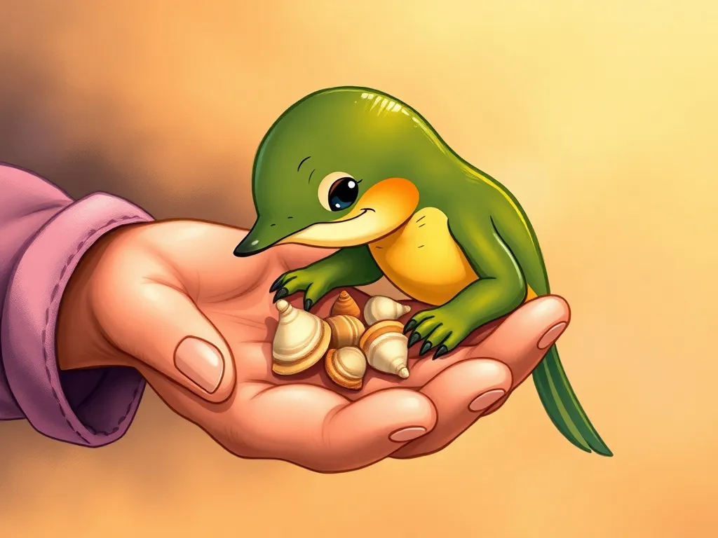 Jake and the Whisper of Waves - Jake holding tiny shells gently in palm