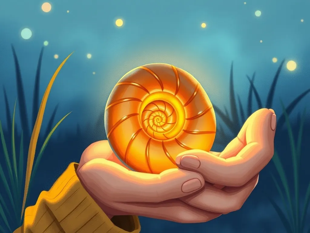 Jake and the Whisper of Waves - Perfect spiral shell glowing in Jake's cupped hands