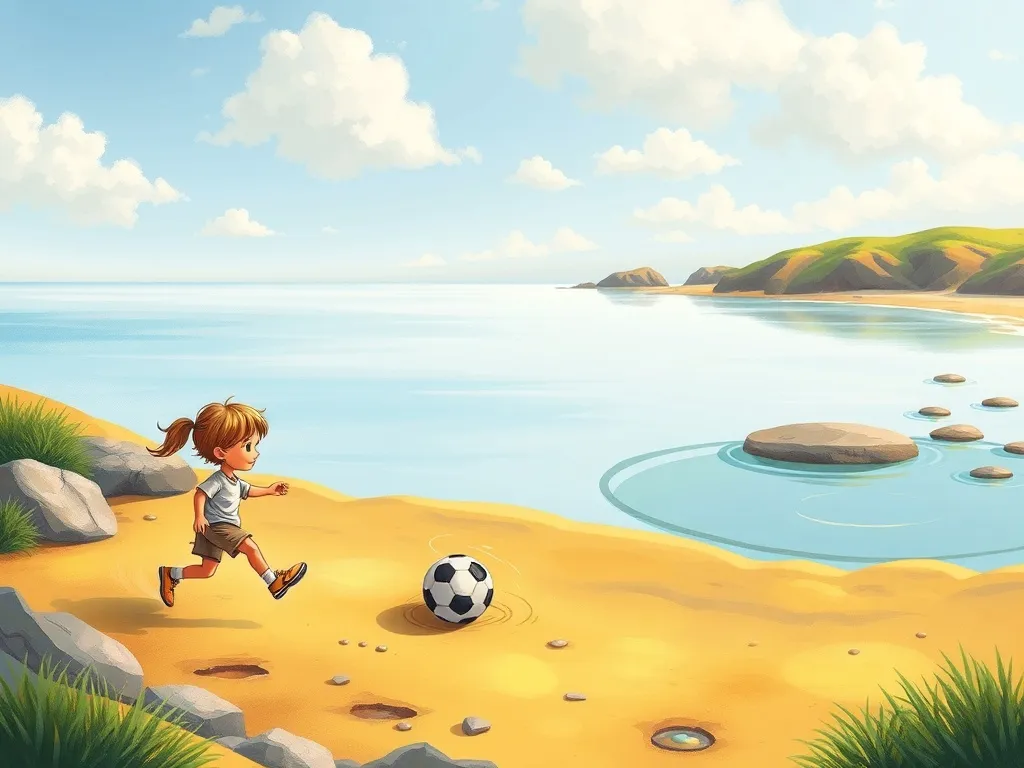 Jake and the Whisper of Waves - Children playing gentle soccer game near peaceful tide pools