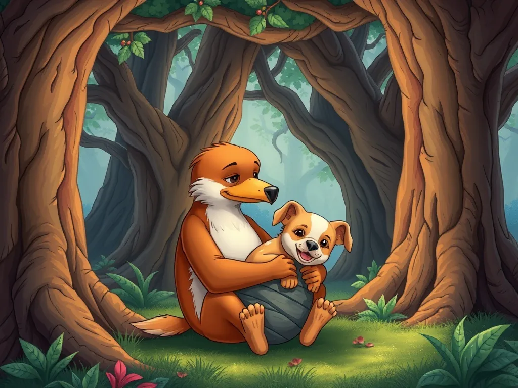 Jake's Rainy Forest Rescue - Jake cradling wrapped puppy under ancient trees