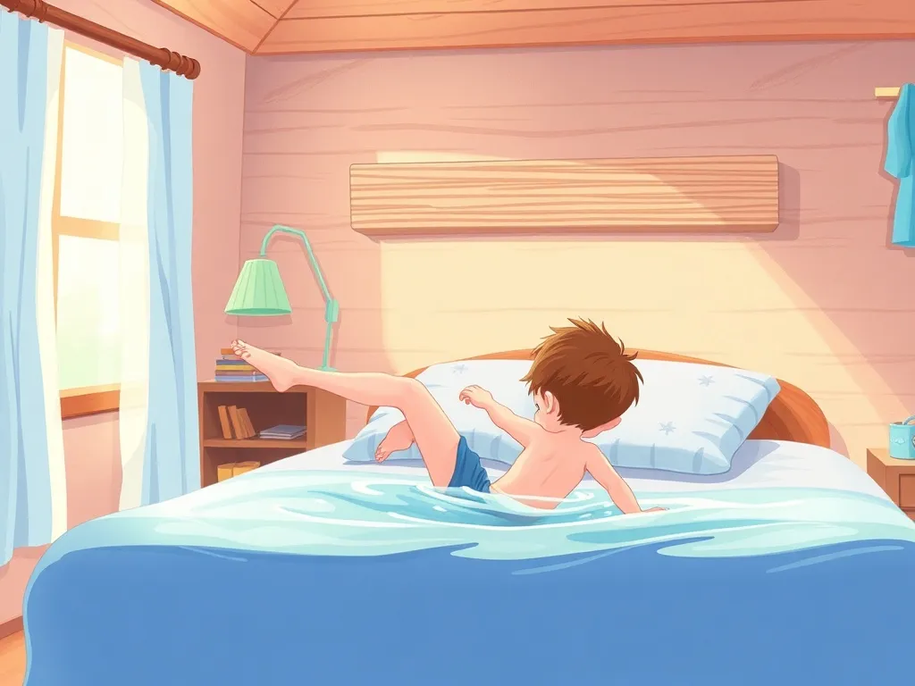 Jake's Splash of Courage - Boy practicing swim moves in bedroom