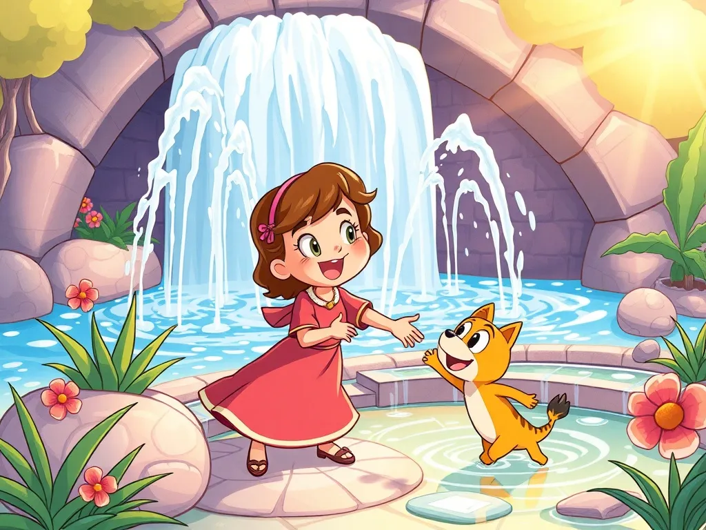 Jake's Splash of Courage - Maria excitedly inviting Jake by fountain