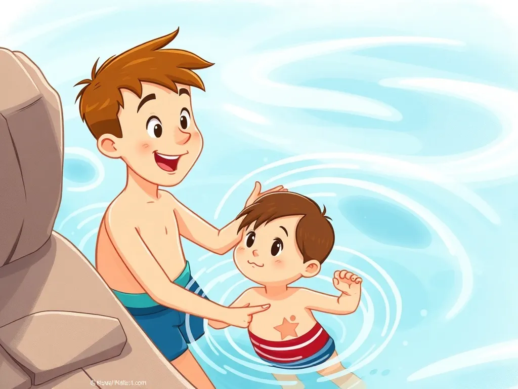 Jake's Splash of Courage - Jake encouraging a nervous new swimmer while the instructor watches nearby
