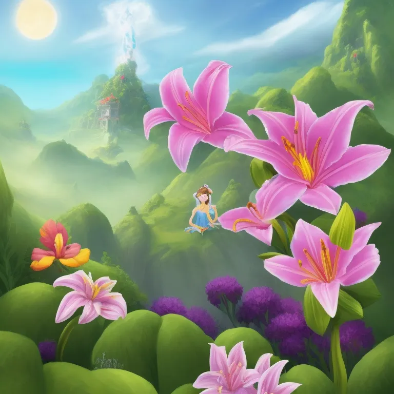 Princess Lily kneeling beside a rare moonflower on the hill above the palace
