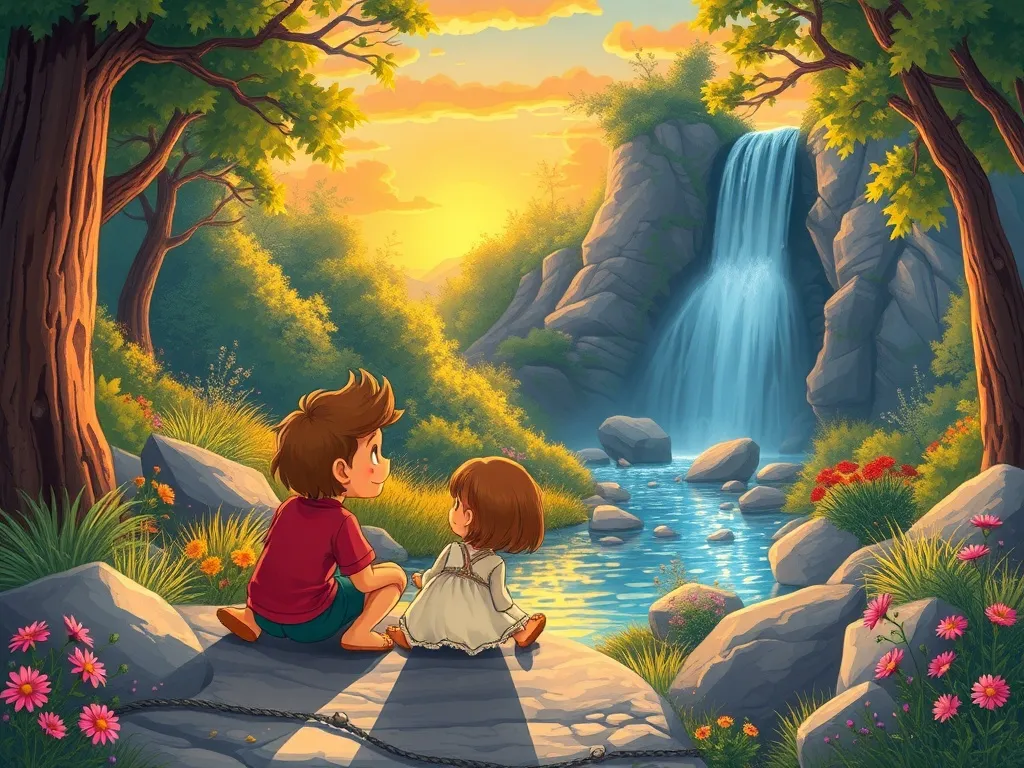 Lorenzo Llama's Big Splash - Lorenzo and Rosie by sunset stream looking toward waterfall