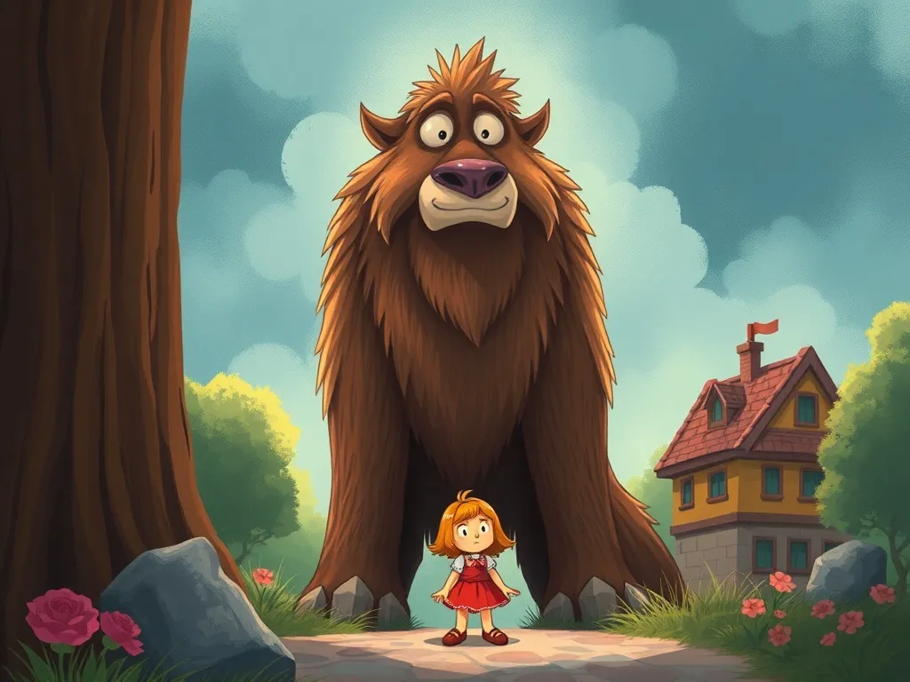 Lorenzo Llama's Topsy-Turvy Trouble - Dramatic Lorenzo towering over small worried Rosie