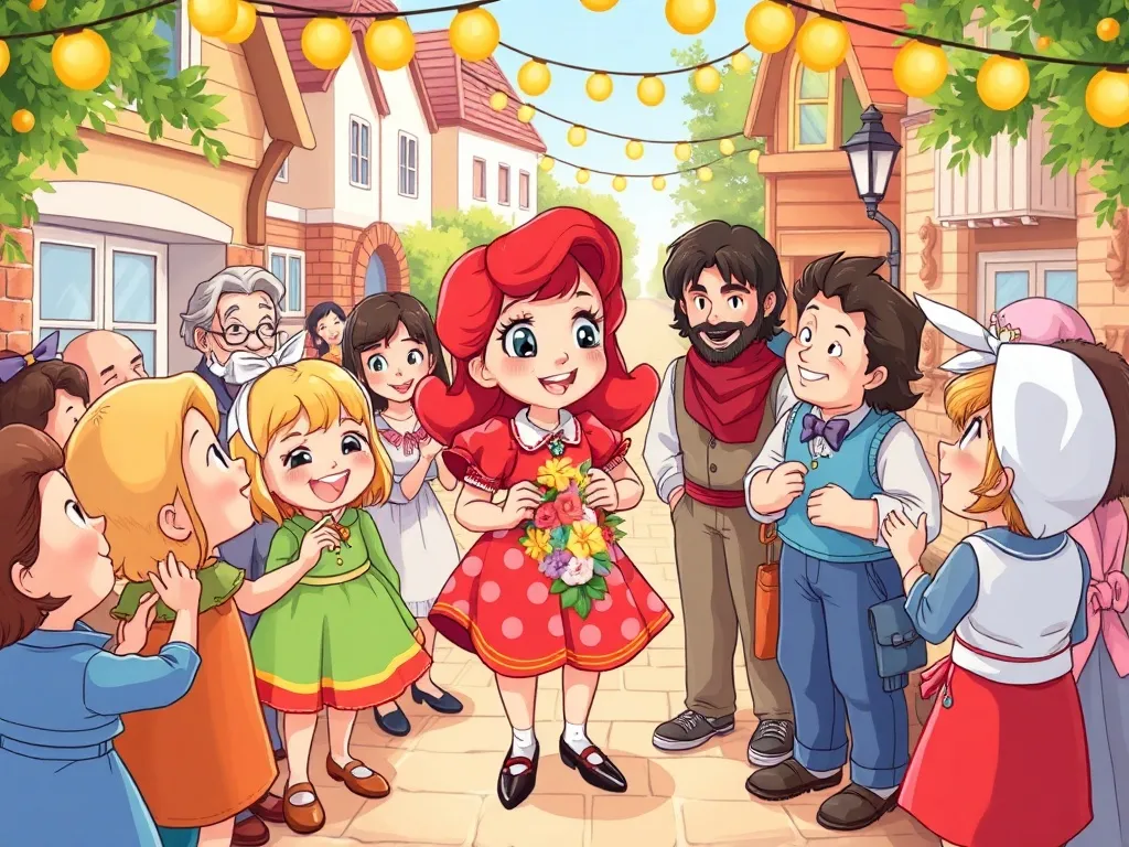 Lorenzo Llama's Topsy-Turvy Trouble - Rosie surrounded by welcoming townspeople celebrating together