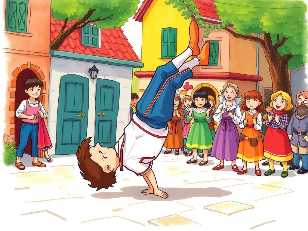 Lorenzo Llama's Topsy-Turvy Trouble - Lorenzo attempting cartwheel while Rosie and townspeople cheer him on