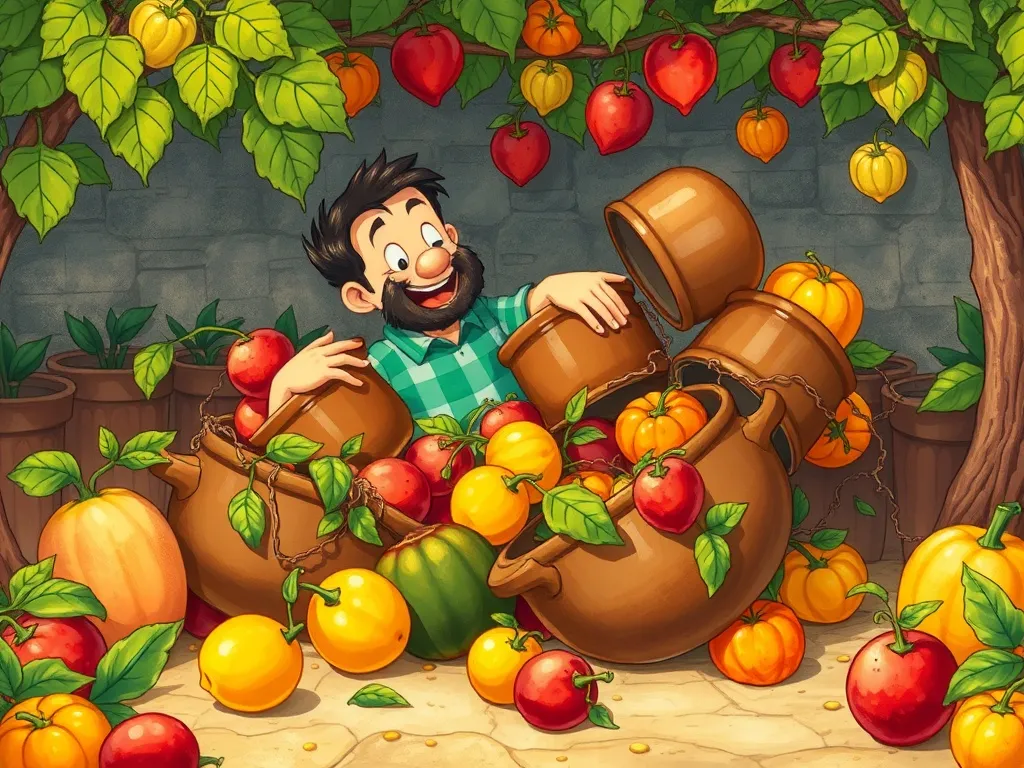 Lorenzo Llama's Upside-Down Rescue - Lorenzo tangled in pots with fruit rolling everywhere