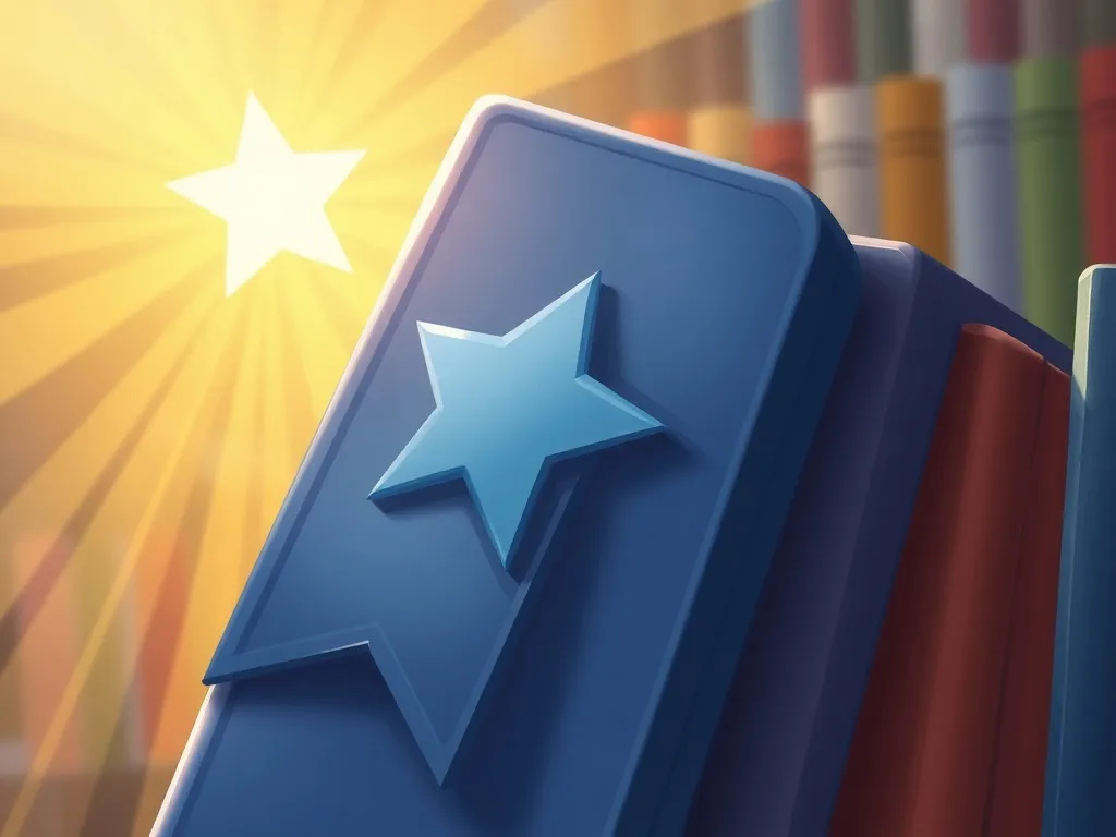 Luna and the Bookmark with Stars - Blue star-covered bookmark spinning through golden library light