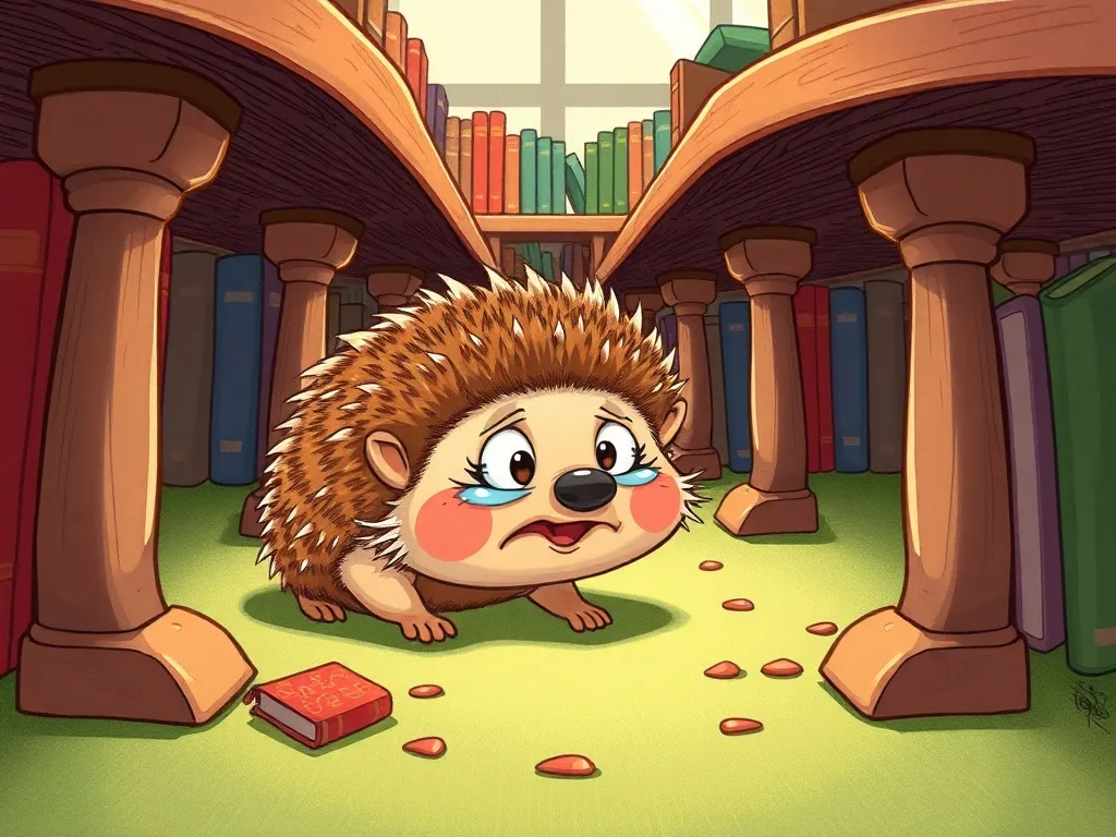 Luna and the Bookmark with Stars - Tearful hedgehog searching frantically under library tables