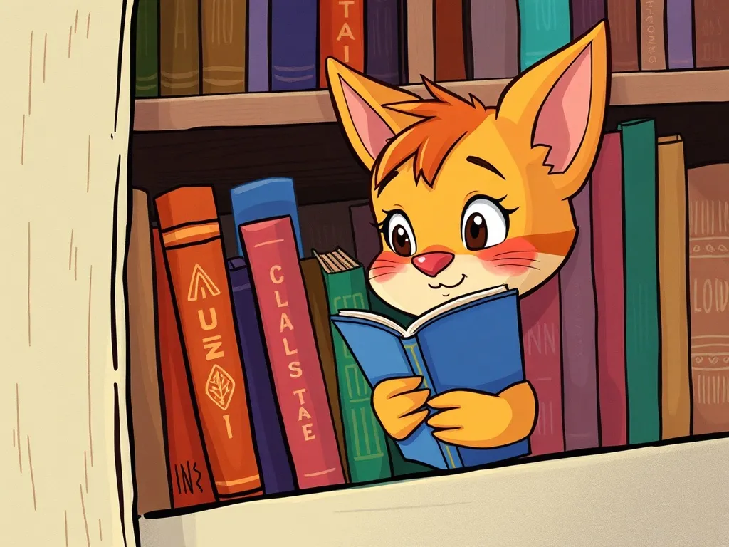 Luna and the Bookmark with Stars - Luna peeking around bookshelf watching Oliver with bookmark