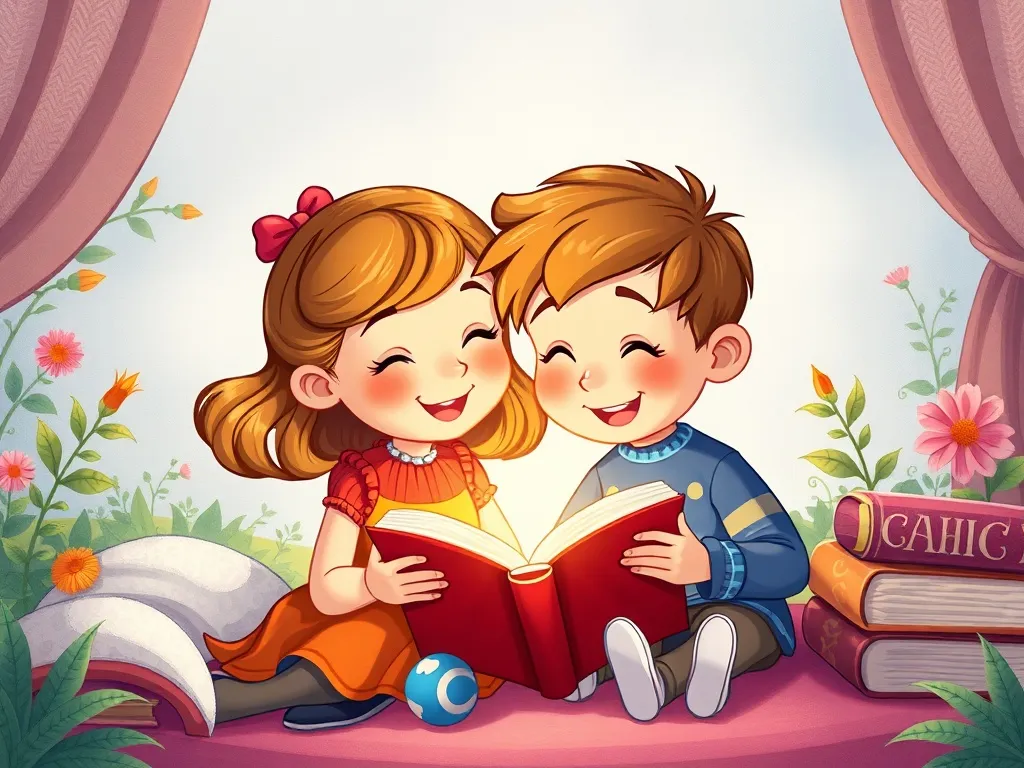 Luna and the Bookmark with Stars - Luna and Oliver reading together sharing bookmark happily