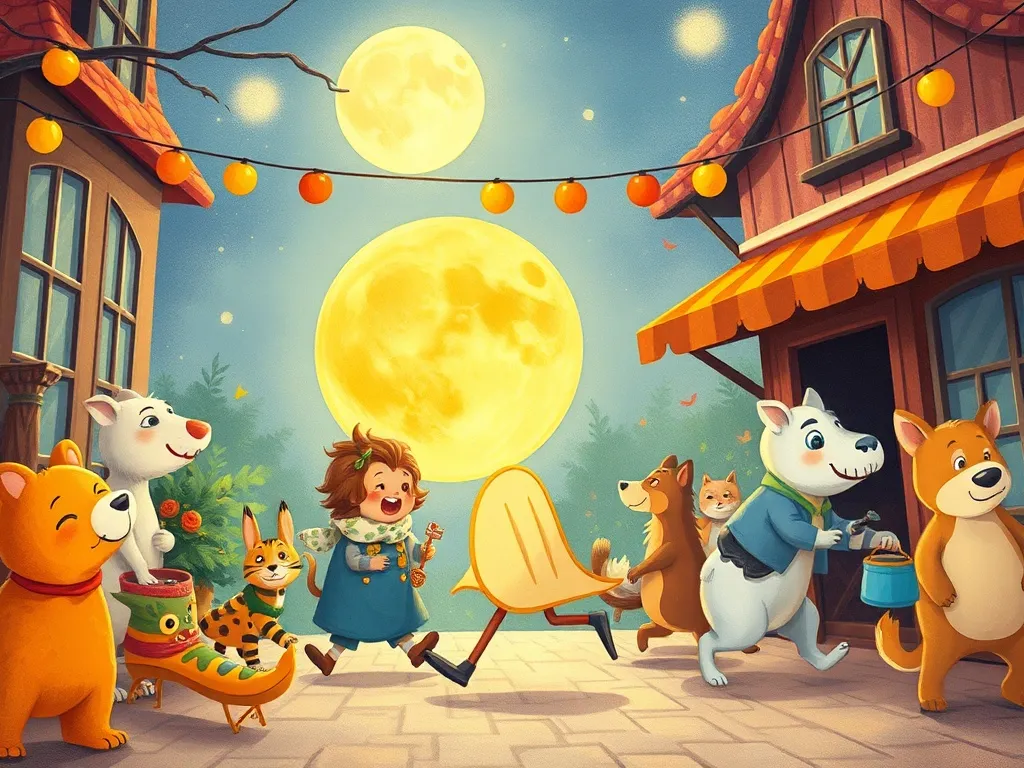 Luna and the Light Behind the Stones - Luna walking past busy animals decorating