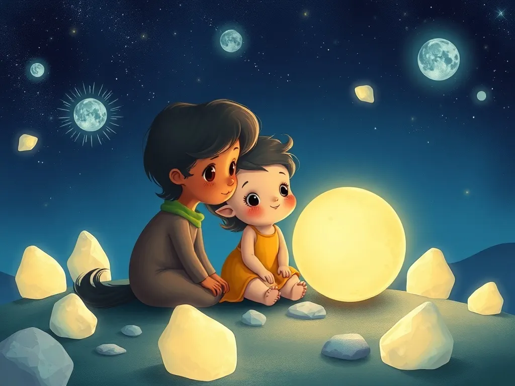 Luna and the Light Behind the Stones - Luna sitting beside Pip near glowing moonstones