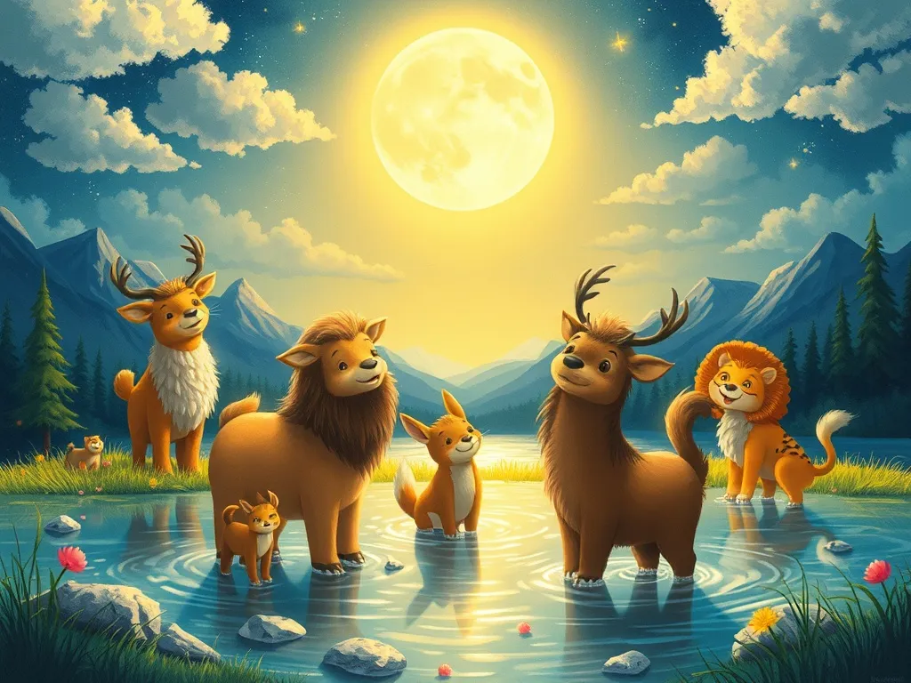 Luna and the Light Behind the Stones - Moonstone Lake blazing with light and celebrating animals