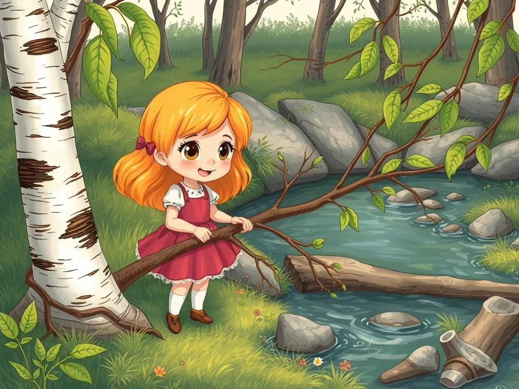 Luna's Bridge - Luna discovering birch branches and vines by creek