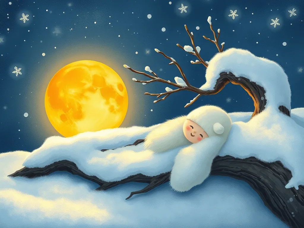 Luna's Bridge - Luna collapsed in snow beside unmoved branch