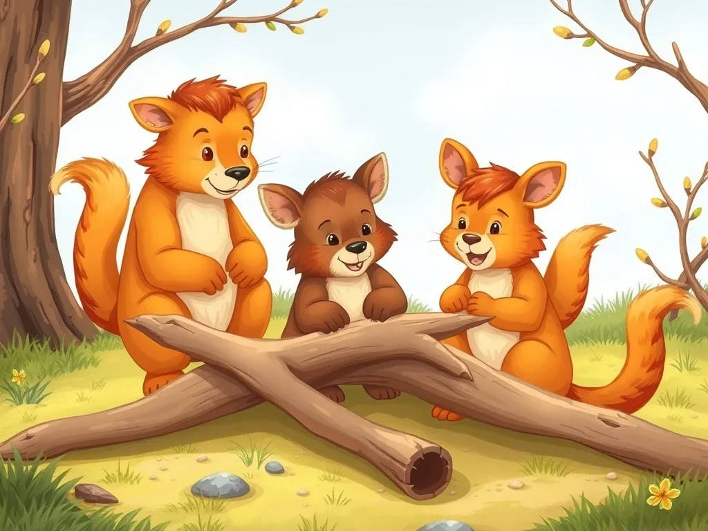 Luna's Bridge - Three animals planning together around fallen branches