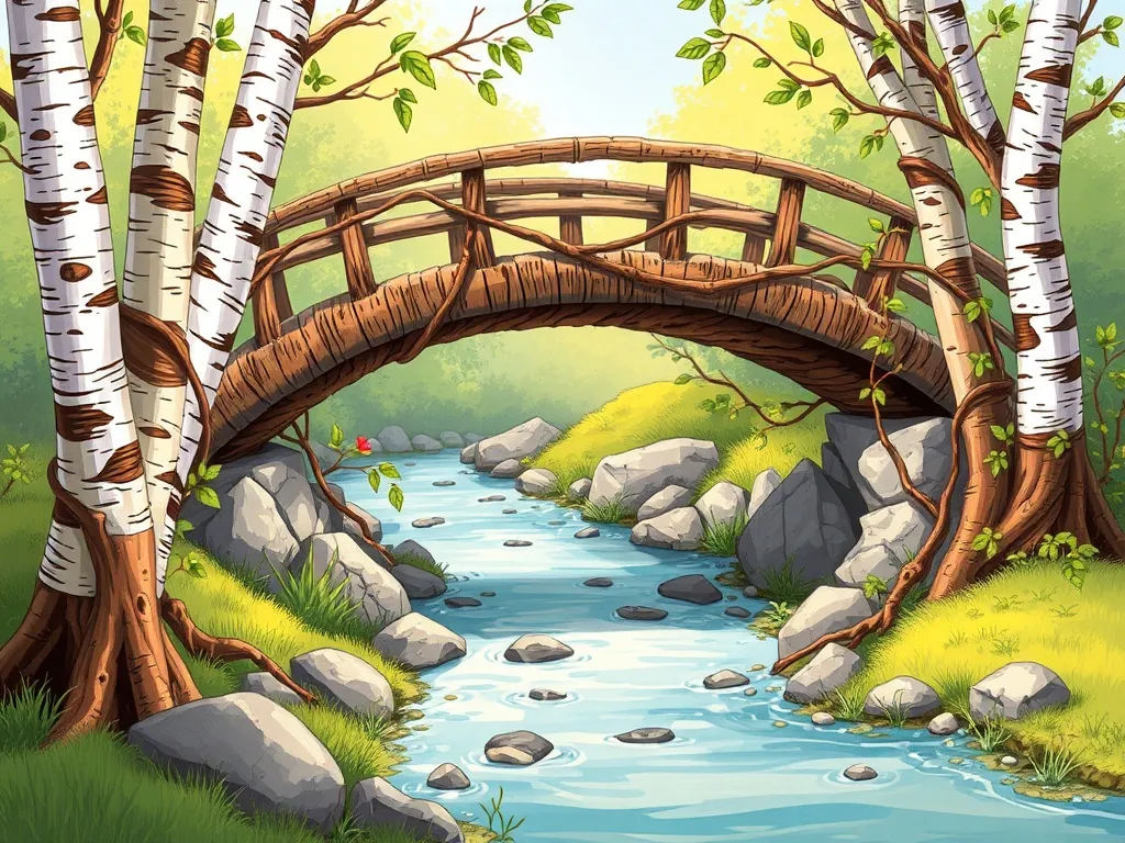 Luna's Bridge - Sturdy bridge of birch and vines spanning creek
