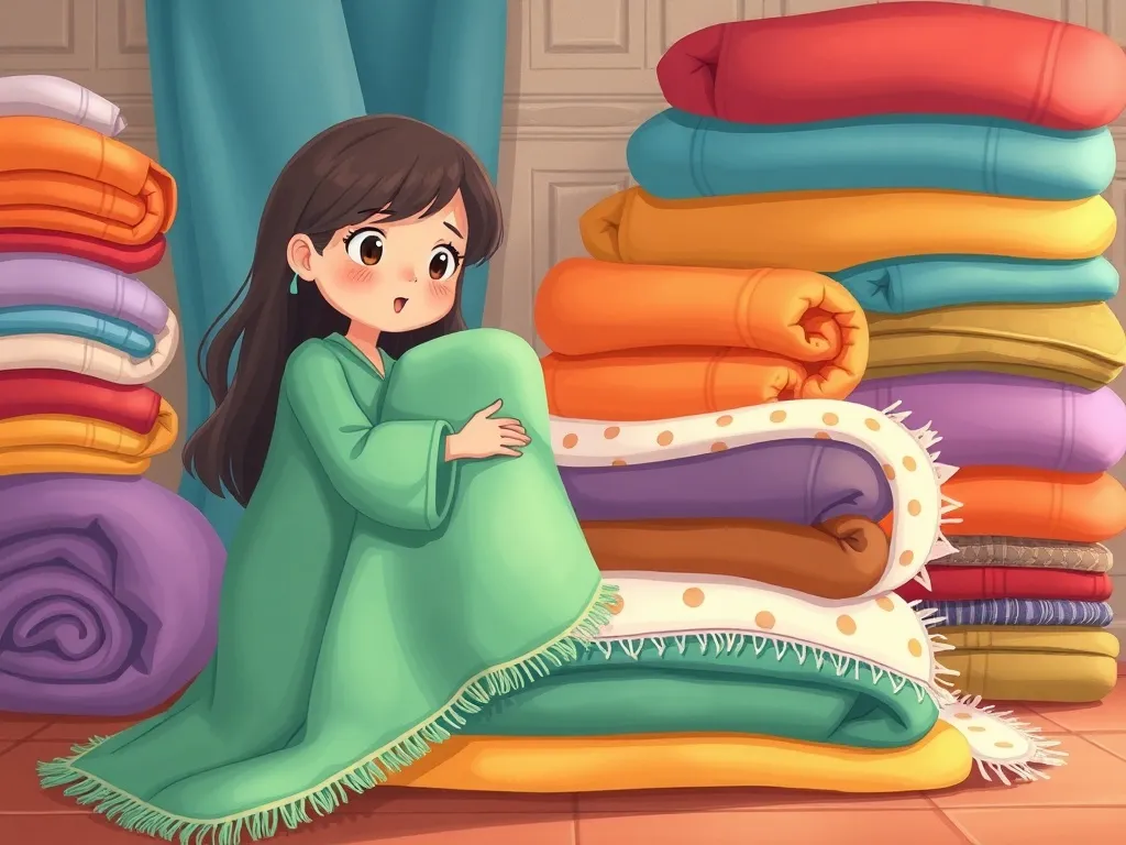 Luna's Helping Heart - Luna organizing blankets into neat colorful stacks