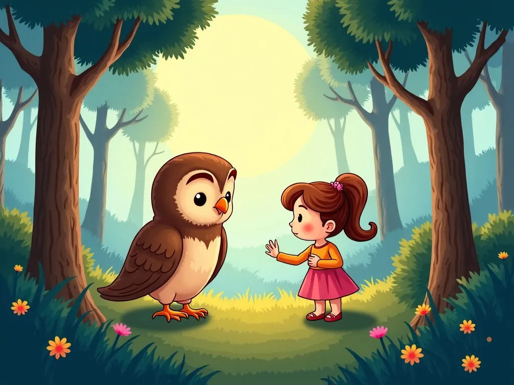 Luna&#x27;s Cloud Castle Chronicles: A Lesson in Colors and Kindness - Oliver owl teaching Luna among misty pines