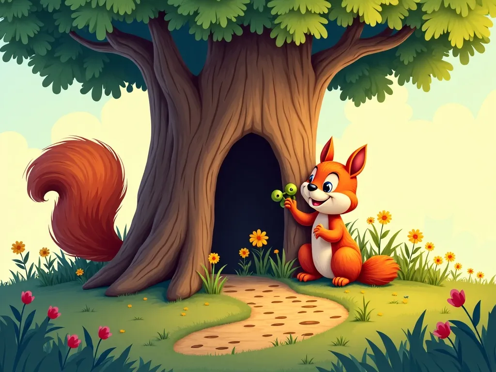 Luna's Cloud Castle Chronicles: A Lesson in Colors and Kindness - Colorful squirrel tracks decorating hollow tree