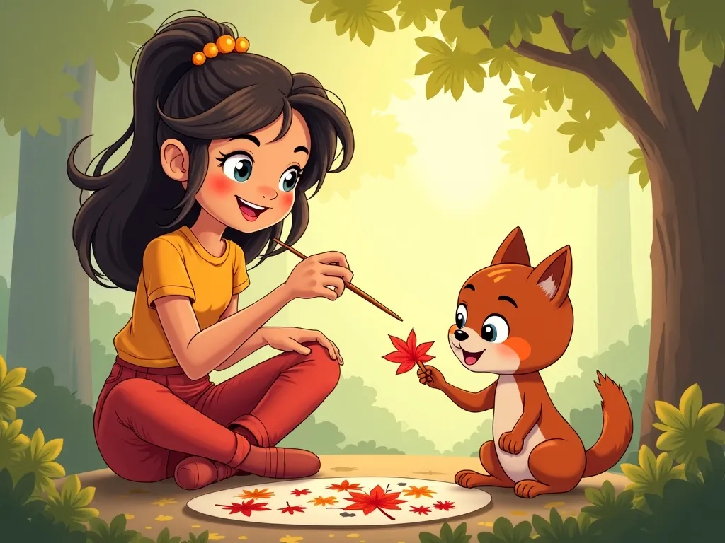 Luna&#x27;s Cloud Castle Chronicles: A Lesson in Colors and Kindness - Luna teaching young animals to paint with leaves