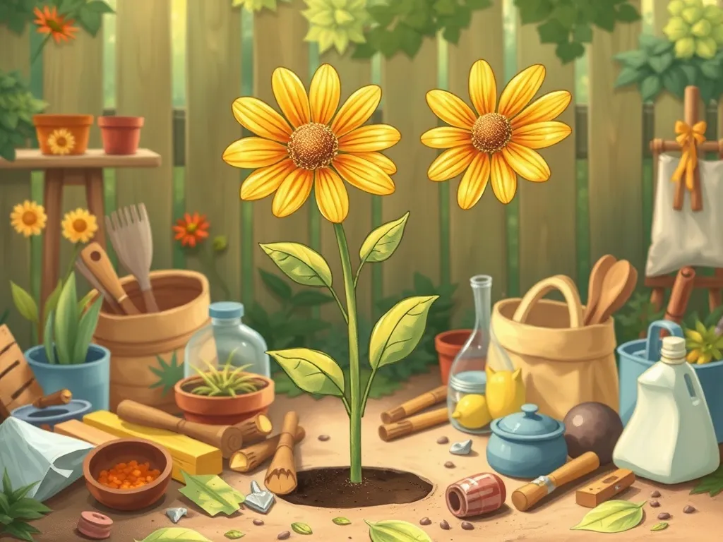 Luna's Dancing Garden - Tall rainbow flower dancing amid scattered gardening supplies