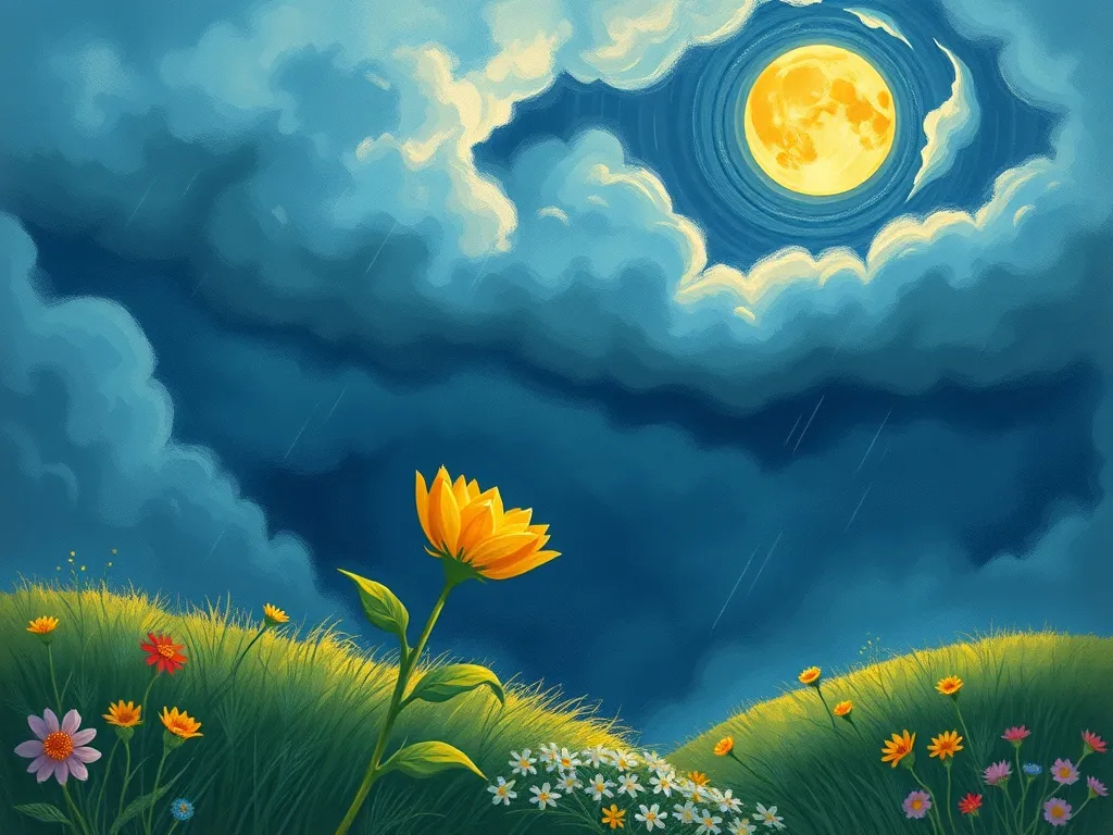 Luna's Dancing Garden - Luna approaching trembling Bloom during storm