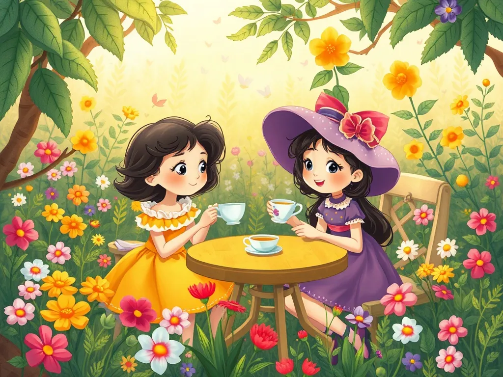 Luna's Dancing Garden - Luna and Bloom sharing tea in garden, surrounded by organized chaos