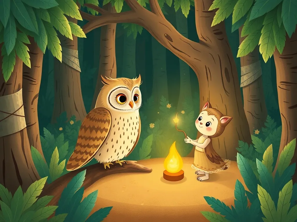 Luna&#x27;s Question Quest: A Moonlit Fairy Tale - Sage owl meeting Luna in dark woods