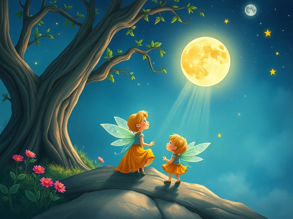 Luna&#x27;s Question Quest: A Moonlit Fairy Tale - Luna helping young fairies with moonbeams